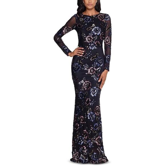 Betsy & Adam Womens 6 Black Floral Sequin Sheath Gown Dress Long Sleeve OS15-11 - Picture 3 of 10